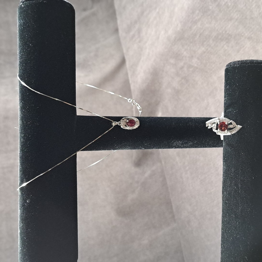 925 Silver Red Ruby CZ Pendant, 18" 1mm Box Chain, Rhodalite Garnet CZ Ring Sz 8